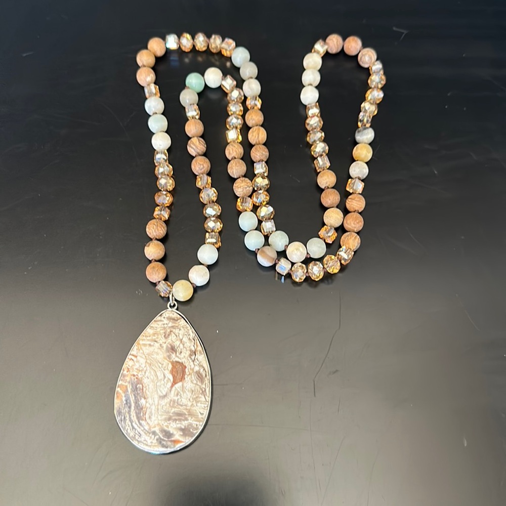 Boho Teardrop Pendant Beaded Necklace in Brown & Cream
